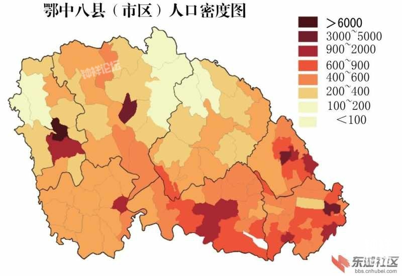 鄂中8县(市,区)人口密度图